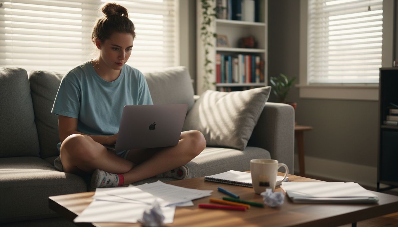 Student studying online in lived-in home