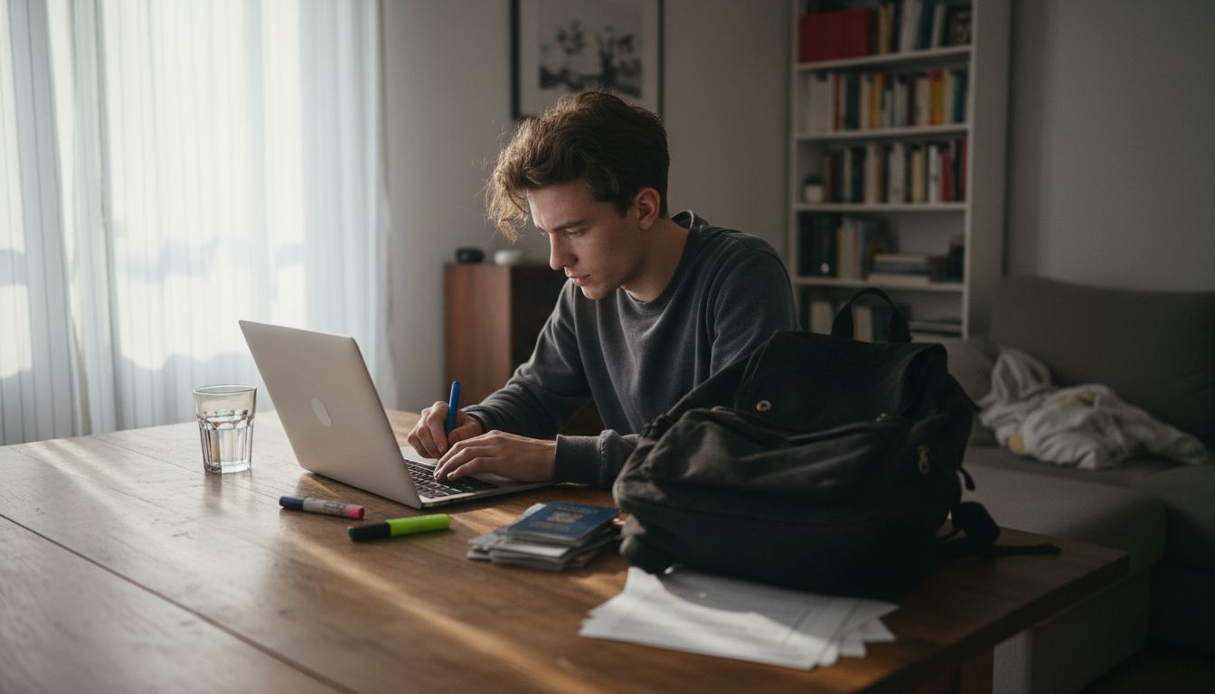 Student filling exam registration papers at kitchen table