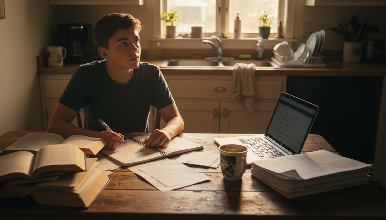 Student studying at kitchen table for exam