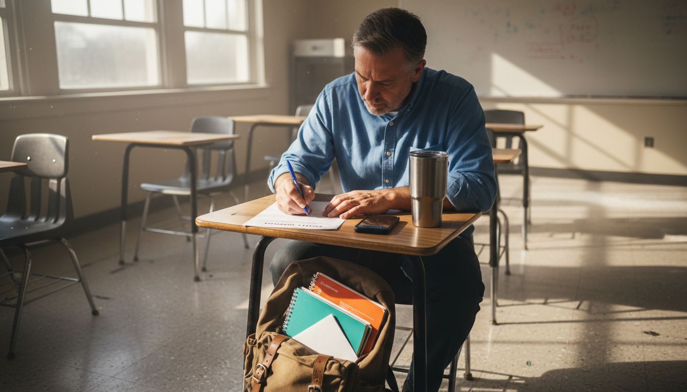 Adult man studying in real classroom setting