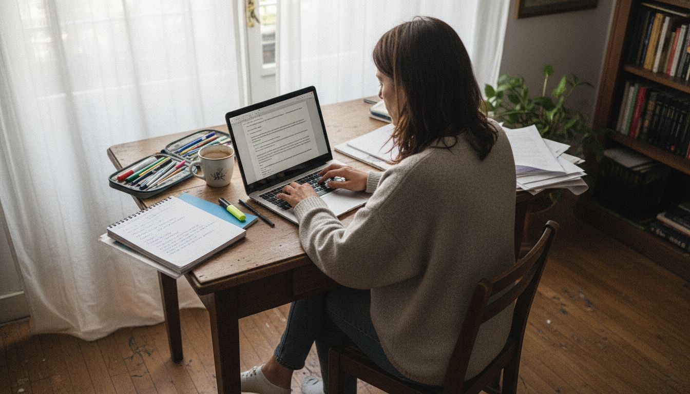 Una donna segue un corso online seduta al tavolo di casa.