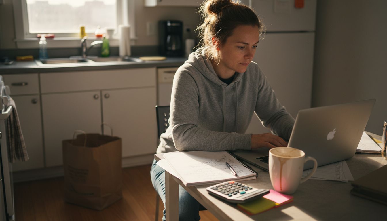 Woman studying at kitchen table with laptop and notes