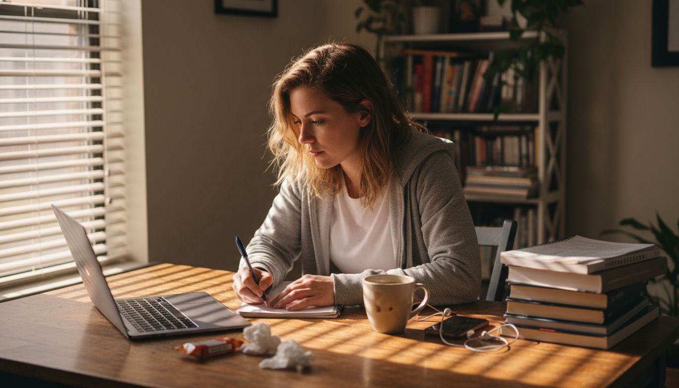 Adult student studying online at home table