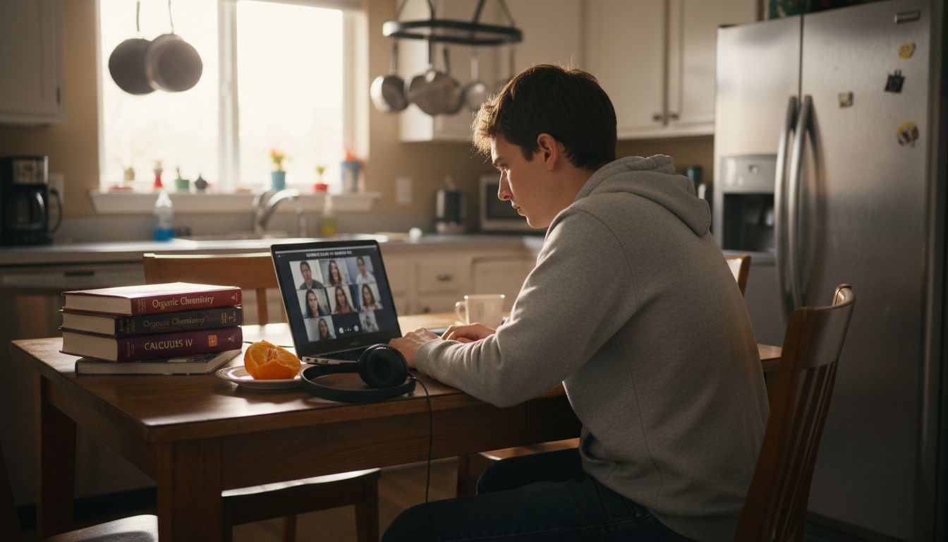 Student studying online at kitchen table