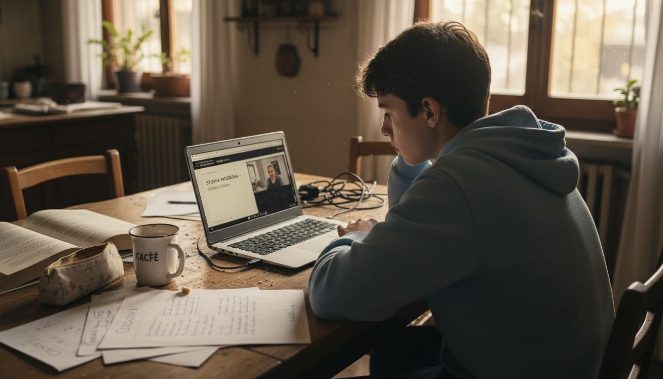 Ragazzo che studia a casa seguendo le lezioni online