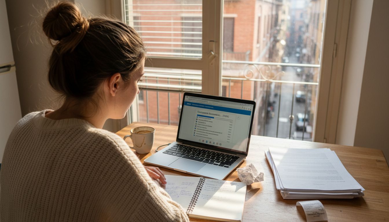 Donna che carica i documenti per completare l'iscrizione online