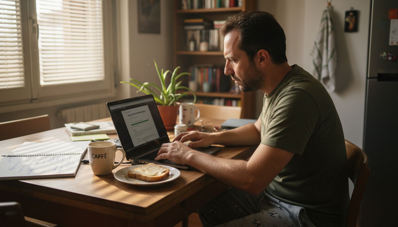 Un uomo adulto intento a studiare seduto al tavolo della cucina, circondato da libri sparsi e fogli alla rinfusa.