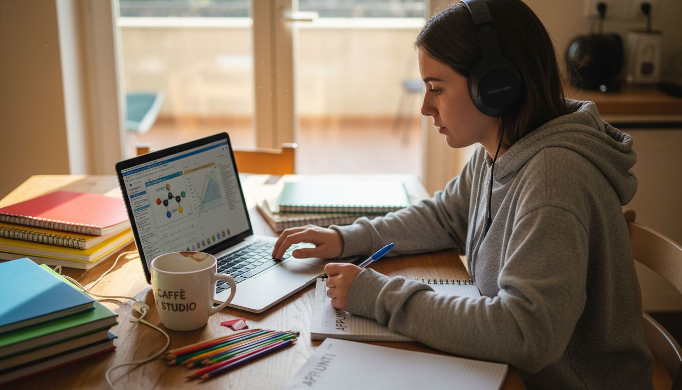 Uno studente segue una lezione di laboratorio online seduto al tavolo della cucina.