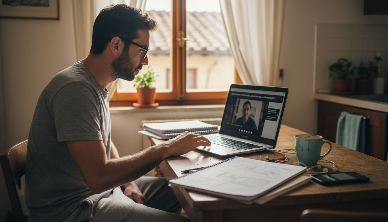 Un adulto che segue le lezioni online seduto al tavolo della cucina.