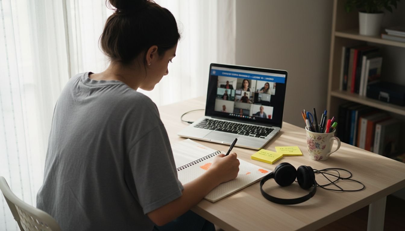 Uno studente seduto alla scrivania, sommerso da libri e appunti sparsi ovunque, studia al computer portatile.