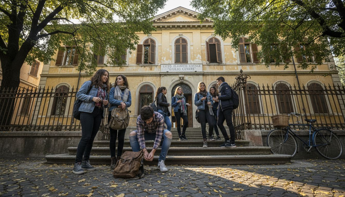 Studenti delle superiori italiani davanti a un edificio scolastico storico
