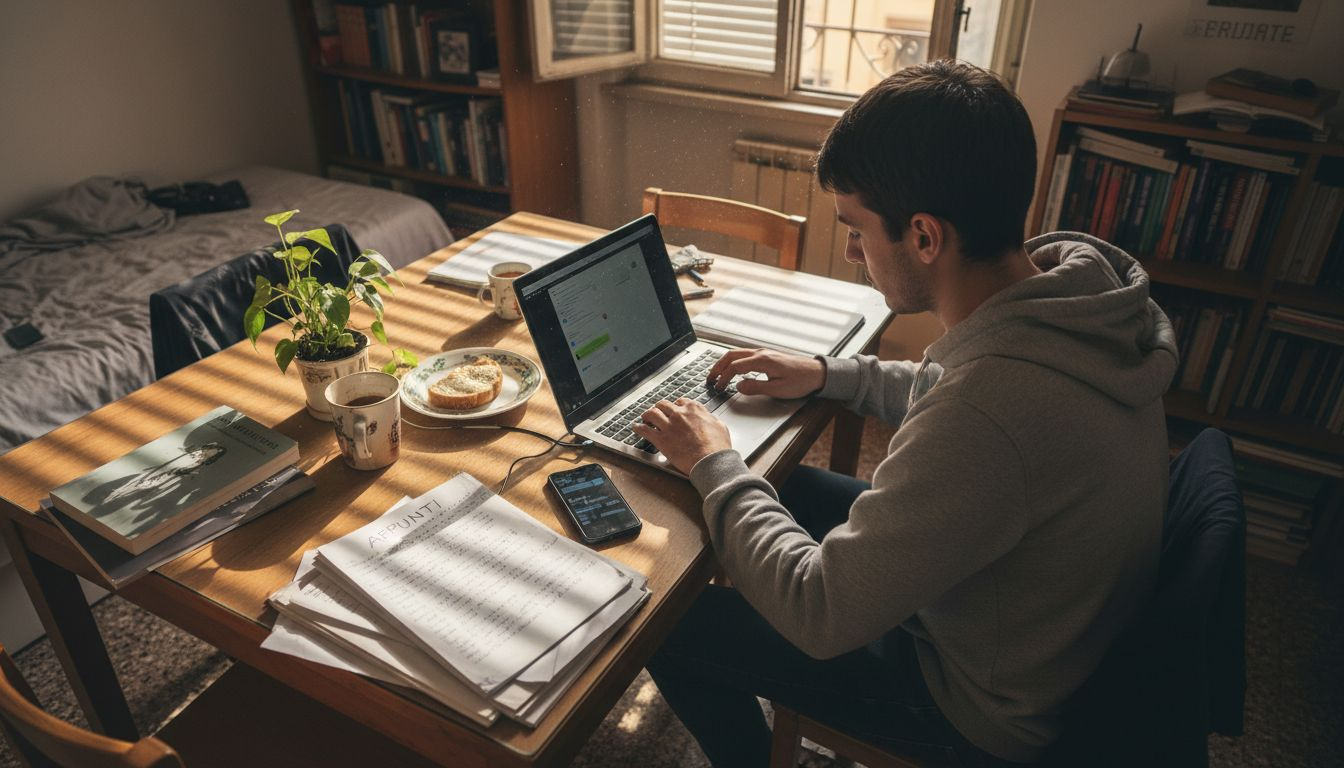 Uno studente alle prese con lo studio alla scrivania di casa, sommersa da libri, quaderni e appunti sparsi ovunque.