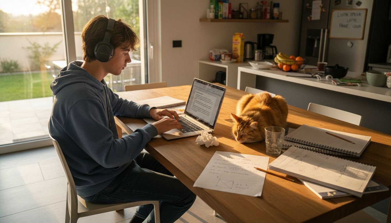 Un adolescente che segue le lezioni online seduto al tavolo della cucina.
