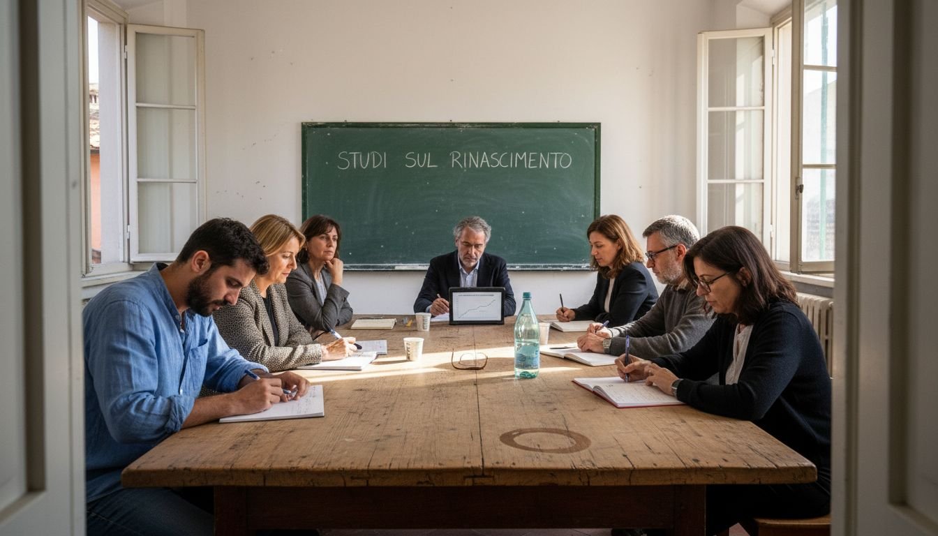 Adulti che seguono una lezione in un’aula luminosa.