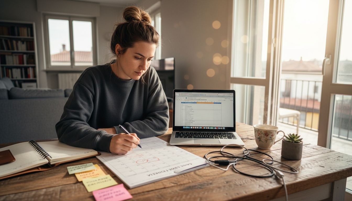 Una donna segue le sue lezioni online comodamente seduta nel salotto di casa.