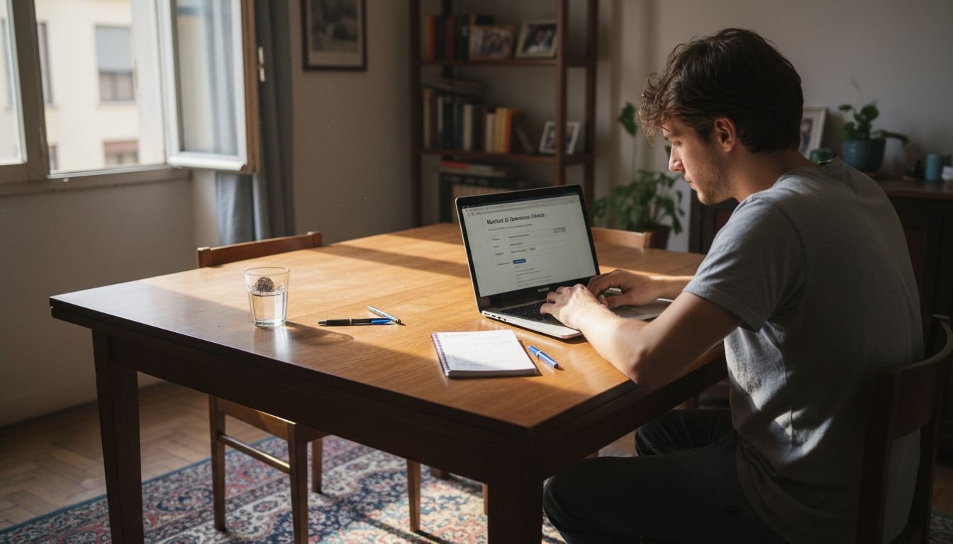 Uno studente compila la domanda per il diploma comodamente da casa, utilizzando il proprio computer portatile.