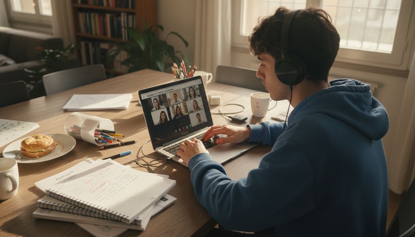 Uno studente segue la lezione online seduto a un tavolo di casa pieno di oggetti sparsi ovunque.