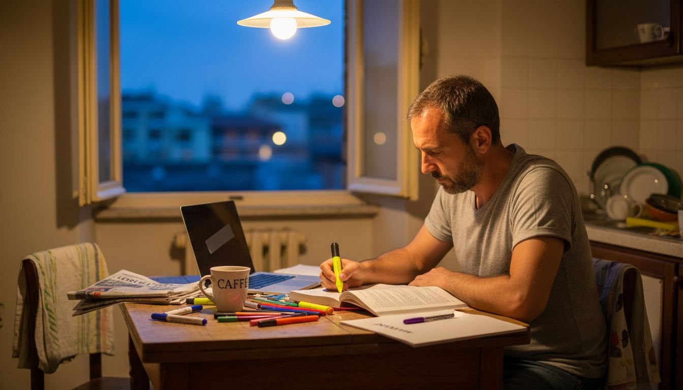 Un uomo adulto è seduto al tavolo della cucina, immerso nello studio con appunti sparsi davanti a sé.