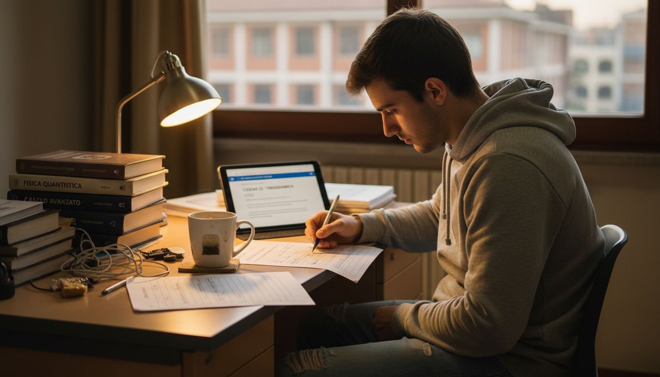 Un universitario seduto alla scrivania, immerso tra libri e appunti.