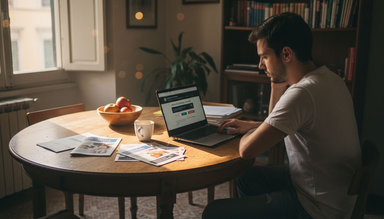 Un uomo seduto al tavolo della cucina sta valutando e confrontando diverse scuole online sul suo computer.