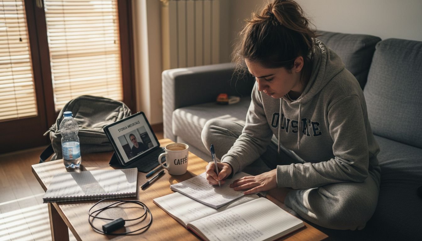 Una ragazza segue una lezione online e prende appunti sul quaderno.