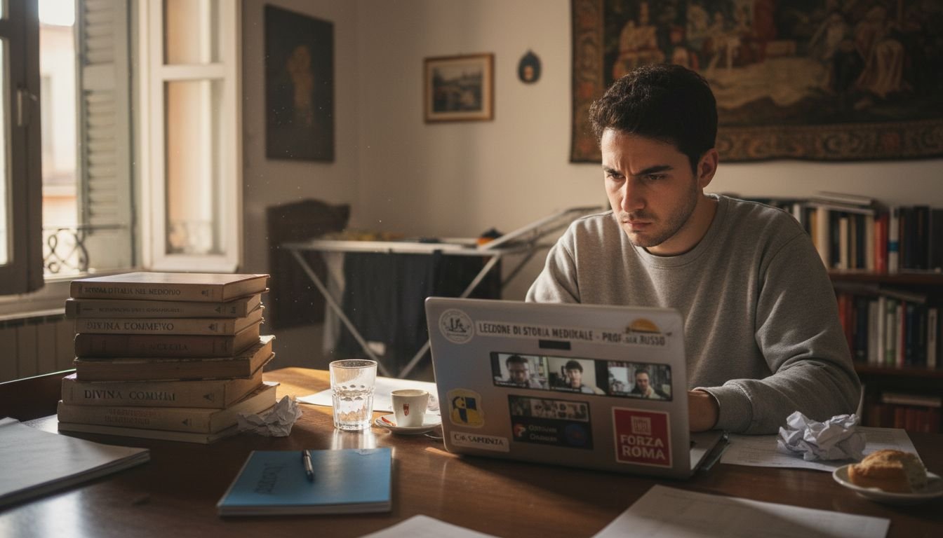Uno studente universitario segue le lezioni e studia comodamente da casa, collegandosi online.
