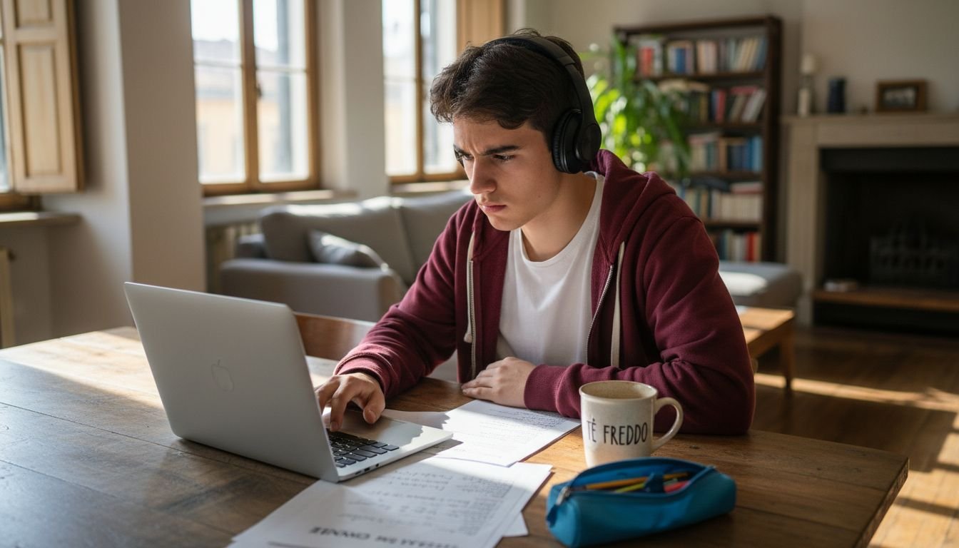 Ragazza adolescente che svolge un esame online comodamente da casa