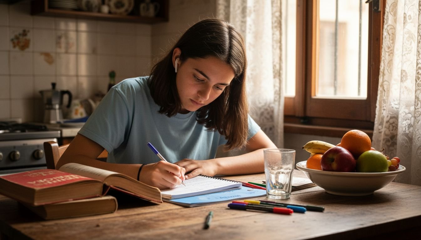 Un ragazzo si dedica allo studio seduto al tavolo della cucina di casa, immerso nell’atmosfera familiare tipica di una casa italiana.