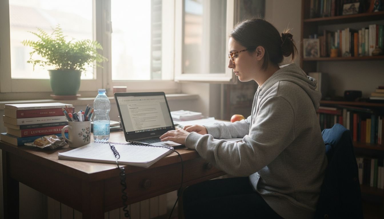 Studente che consegue il diploma online alla propria scrivania, circondato dalle sue cose di tutti i giorni.