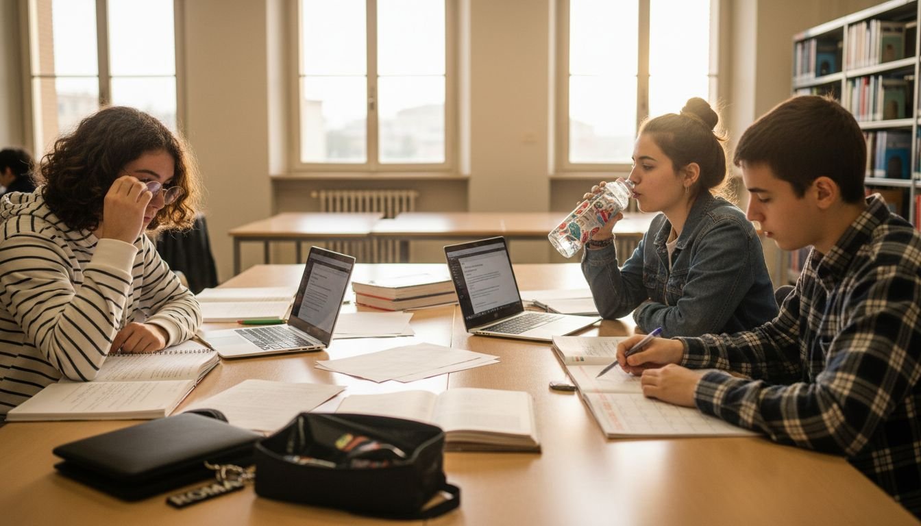 Ragazzi delle scuole superiori che collaborano insieme, seduti davanti ai loro portatili.