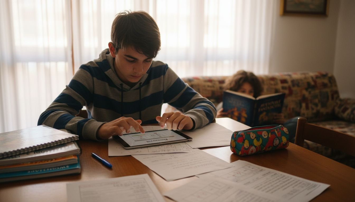 Studente che segue le lezioni online da casa utilizzando il tablet.
