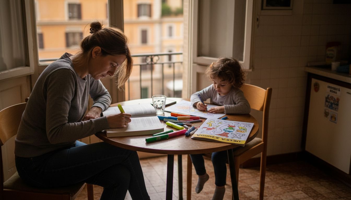 Una donna adulta si dedica allo studio seduta al tavolo della cucina, mentre il suo bambino le tiene compagnia.