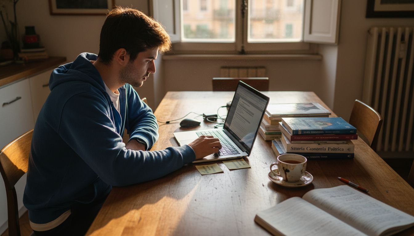 Uno studente italiano sta compilando un modulo online comodamente da casa.