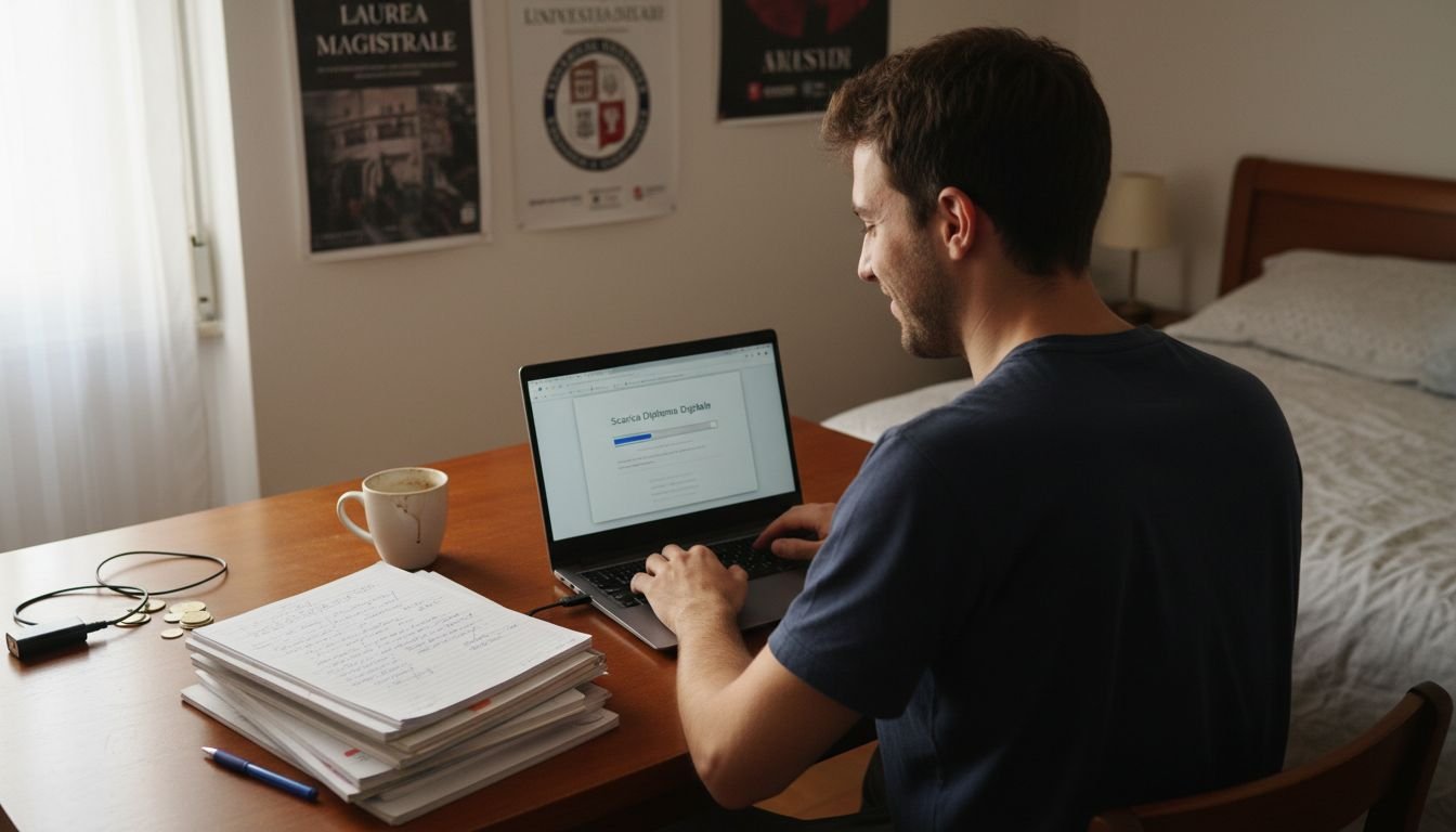 Uno studente scarica il proprio diploma digitale direttamente sul computer portatile.