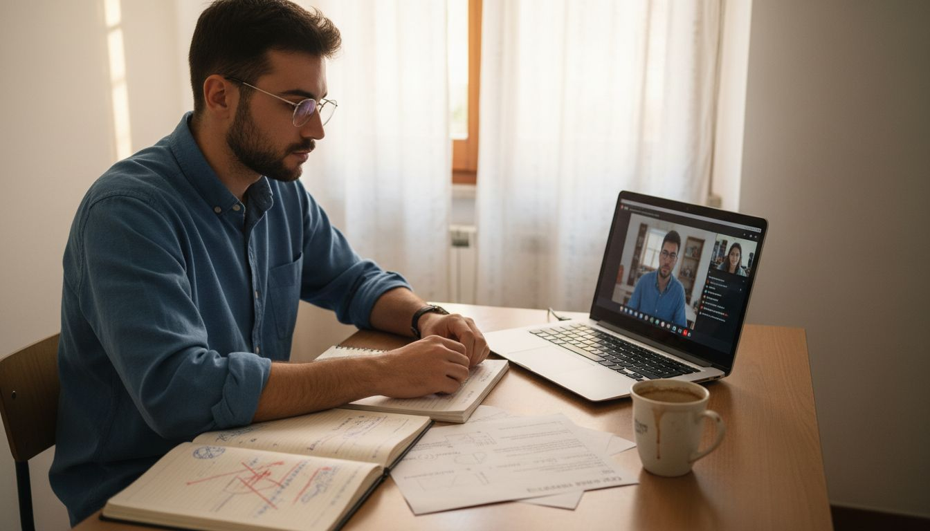 Giovane insegnante che tiene una lezione online da casa