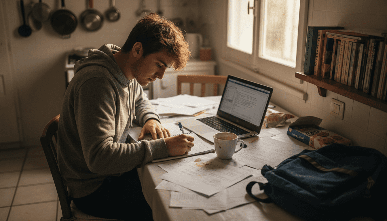 Uno studente organizza il proprio piano di studio al computer, seduto alla sua scrivania.
