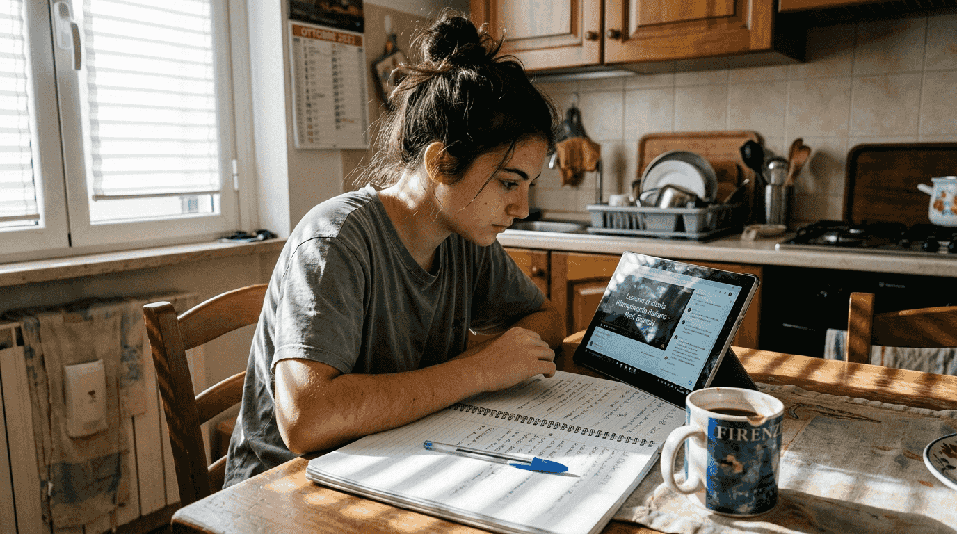 Uno studente segue la lezione online seduto al tavolo della cucina.