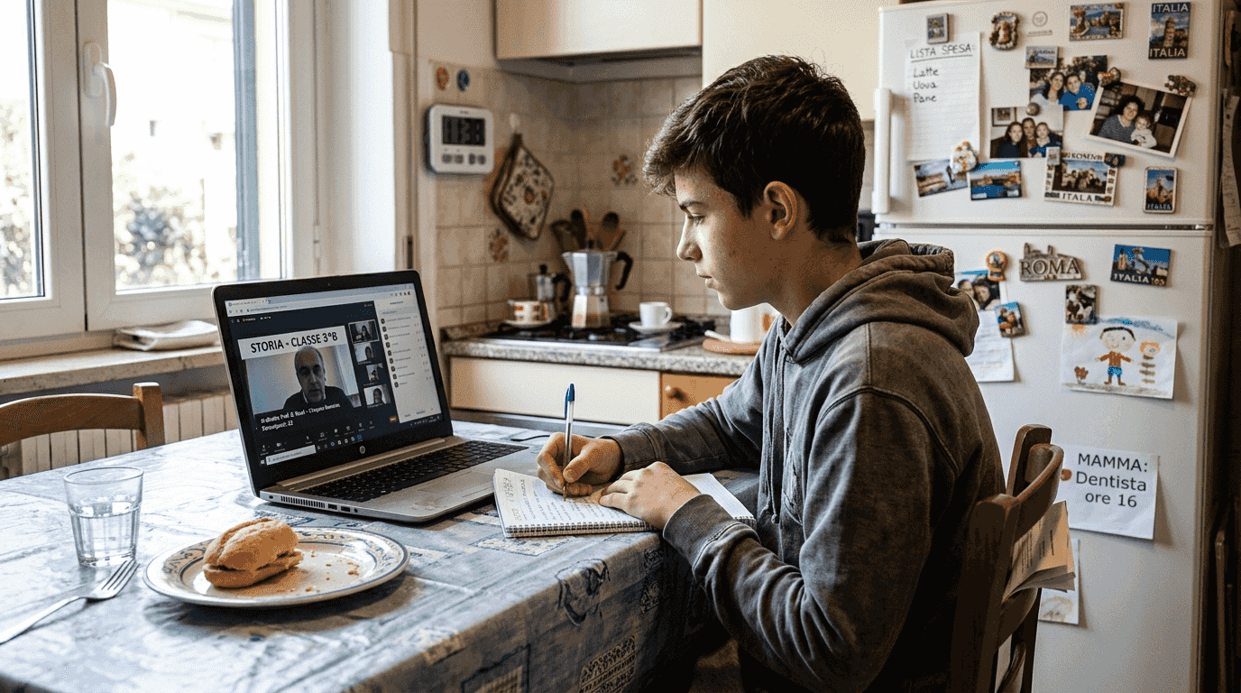 Studente che segue una lezione online in diretta comodamente da casa