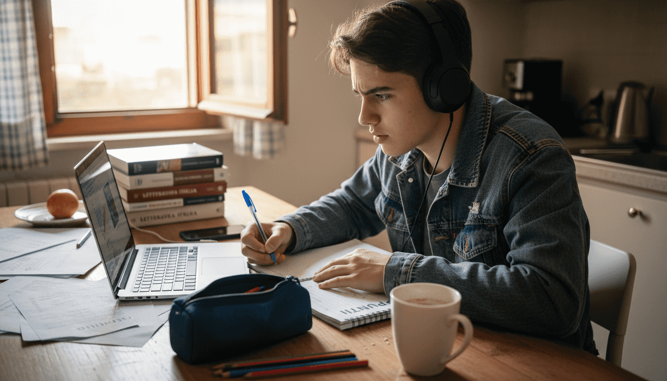 Uno studente seduto al tavolo della cucina lavora a un contratto digitale sul suo computer.