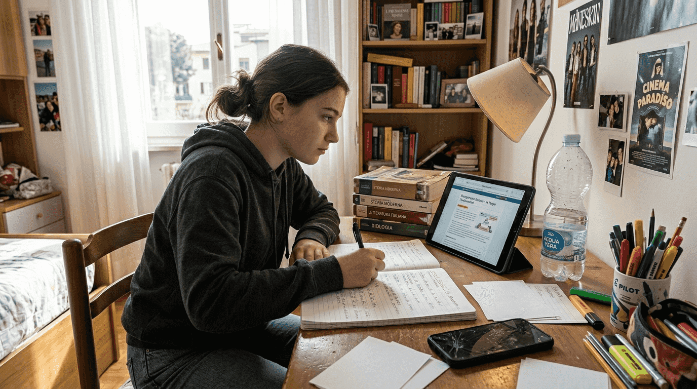 Un adolescente alle prese con lo studio, seduto alla sua scrivania piena di libri, quaderni e appunti sparsi ovunque.