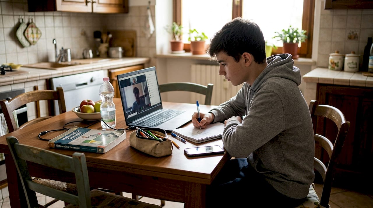 Un ragazzo che segue una lezione online direttamente dalla cucina di casa.