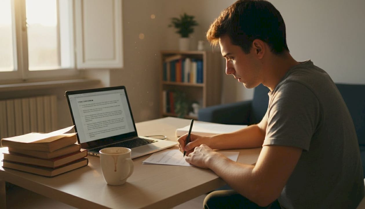 Uno studente prende appunti per preparare la presentazione dell’esame.