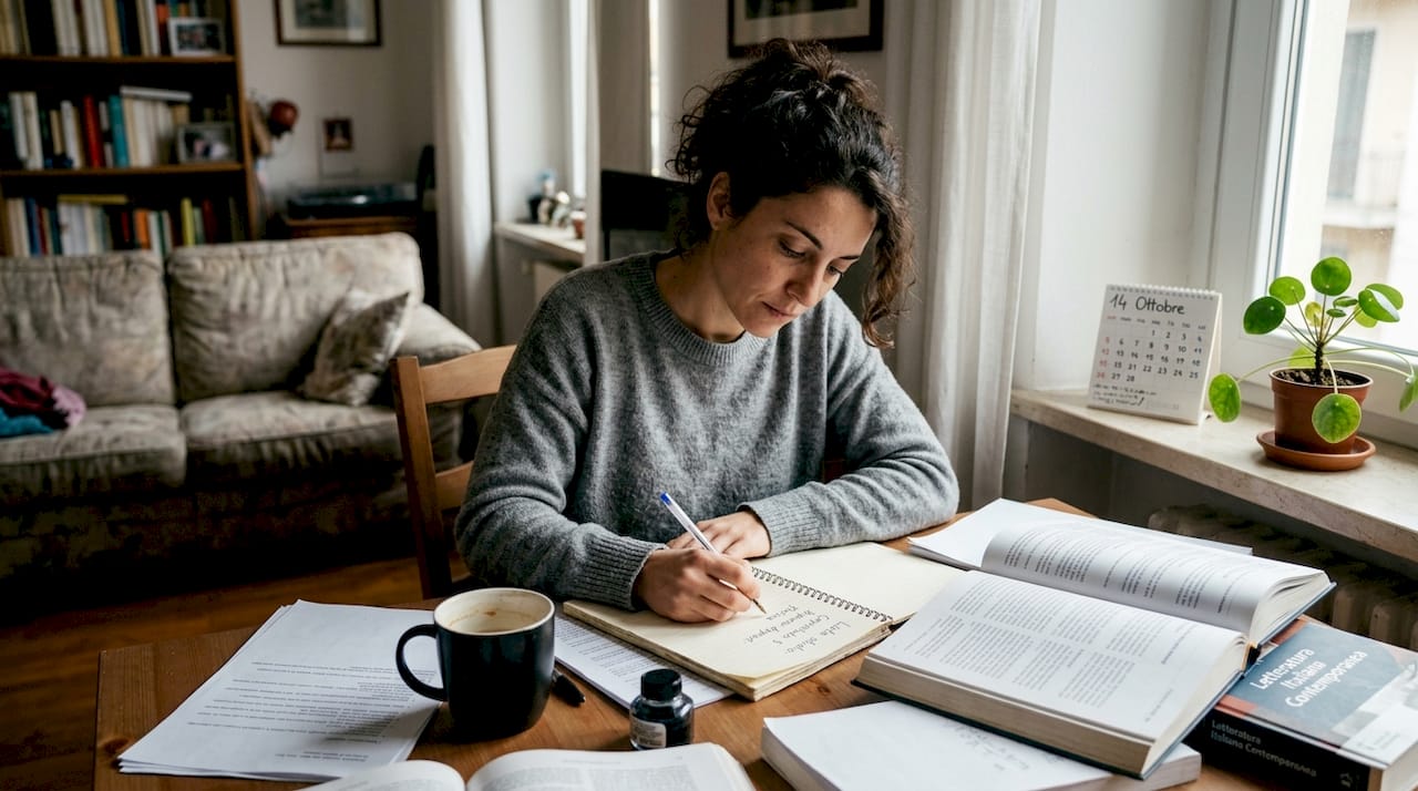 Una donna organizza la sua sessione di studio comodamente a casa.
