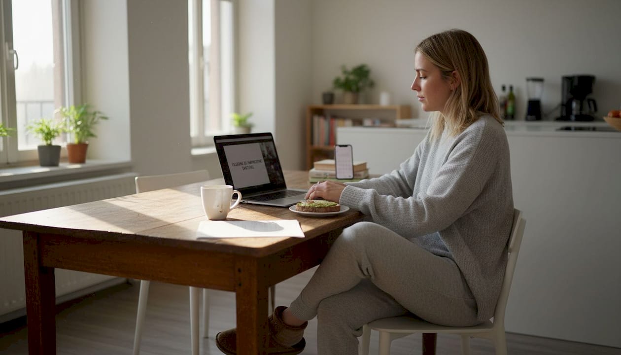 Uno studente segue una lezione online seduto al tavolo di casa.