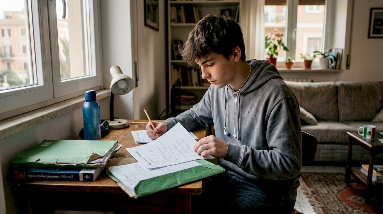 Un ragazzo studia le schede di esercizi seduto alla scrivania di casa, concentrato sul ripasso per la scuola.