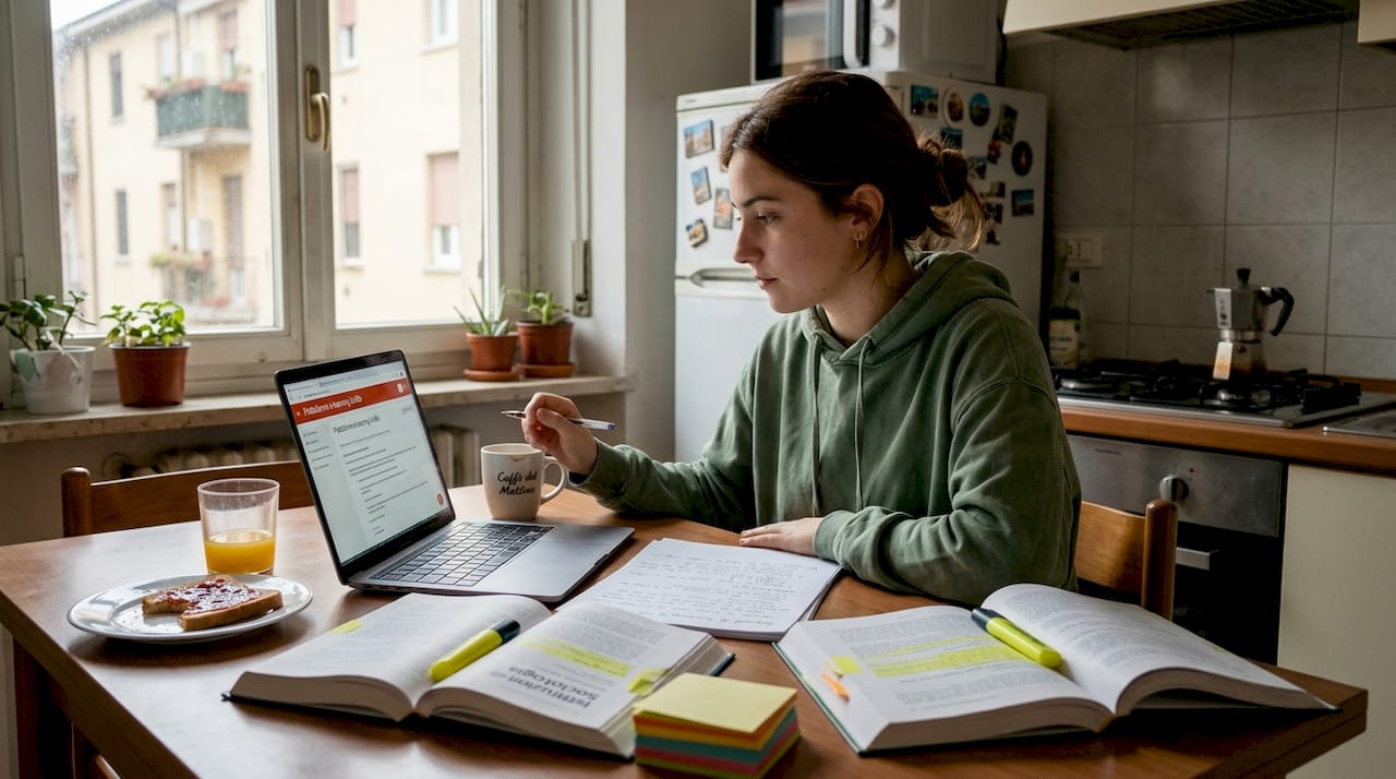 Un ragazzo impegnato a studiare al tavolo della cucina, circondato da quaderni e computer portatile.