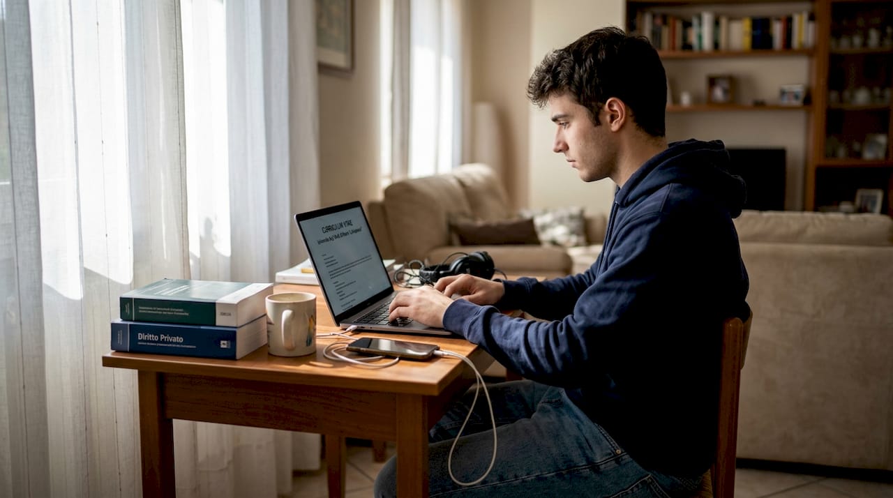 Studente che aggiorna il materiale didattico digitale alla scrivania di casa