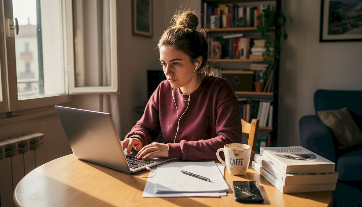 Donna che studia da casa nella sua postazione online