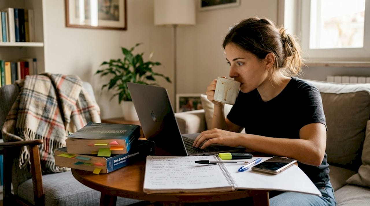 Una ragazza sta preparando i suoi appunti a casa, lavorando al computer e scrivendo sul quaderno.