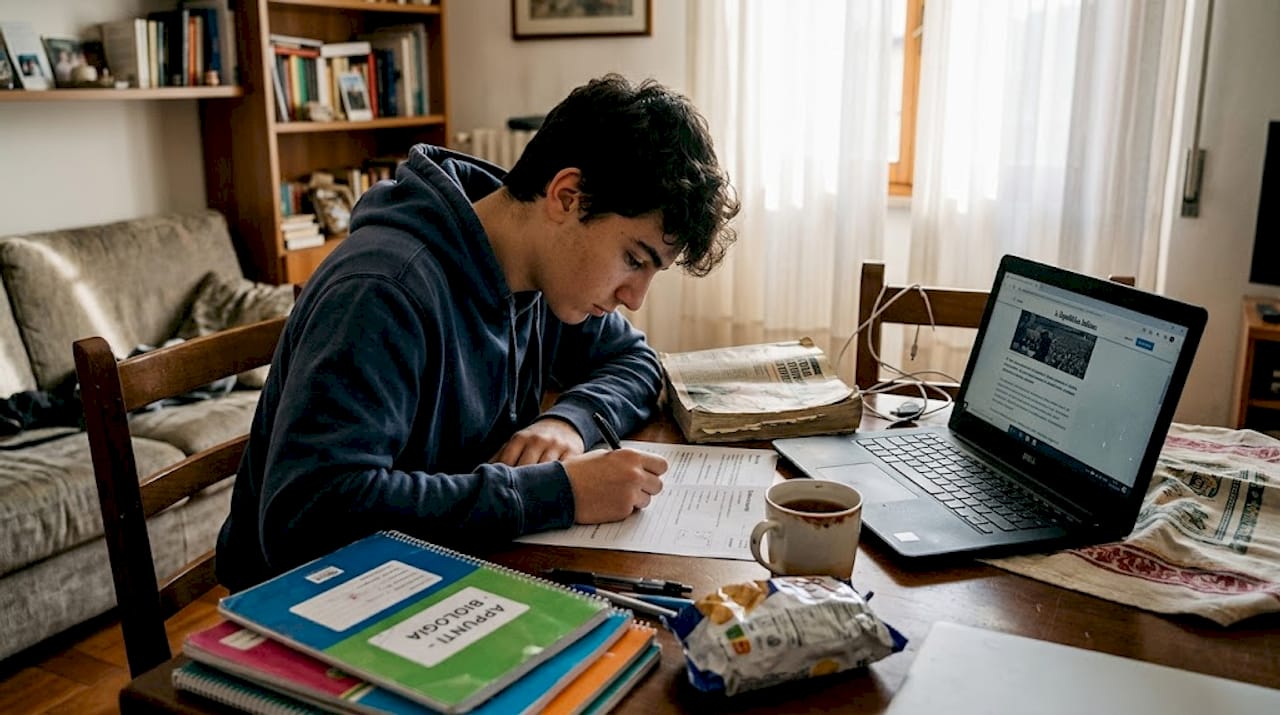 Un ragazzo delle superiori impegnato a studiare sul tavolo di casa.